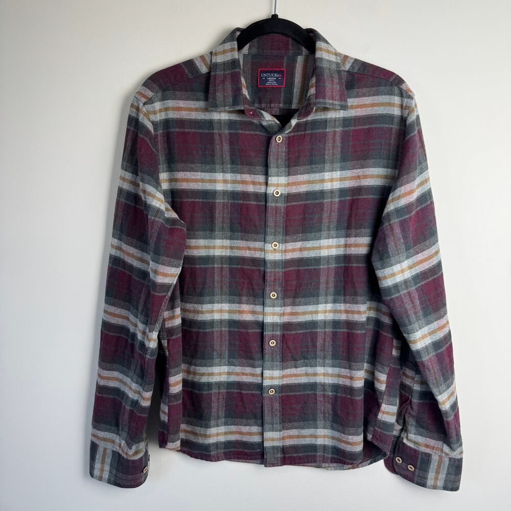 Untuckit Greyton Flannel Button Up Shirt Burgundy Plaid Medium Slim Fit